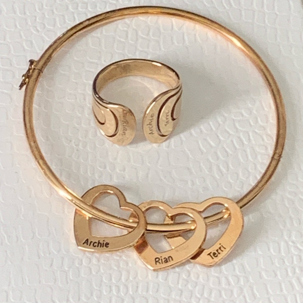 925 Sterling Silver Rose Gold Plated Heart Bracelet & Open Cuff Engraved Ring 8